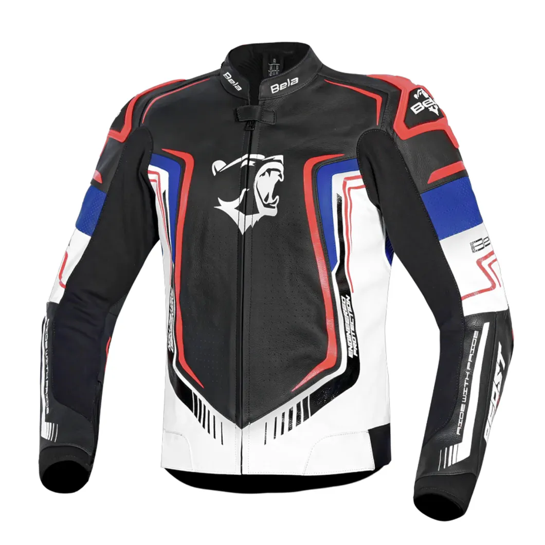 BELA BEAST MEN'S LEATHER JACKET BLACK WHITE BLUE RED