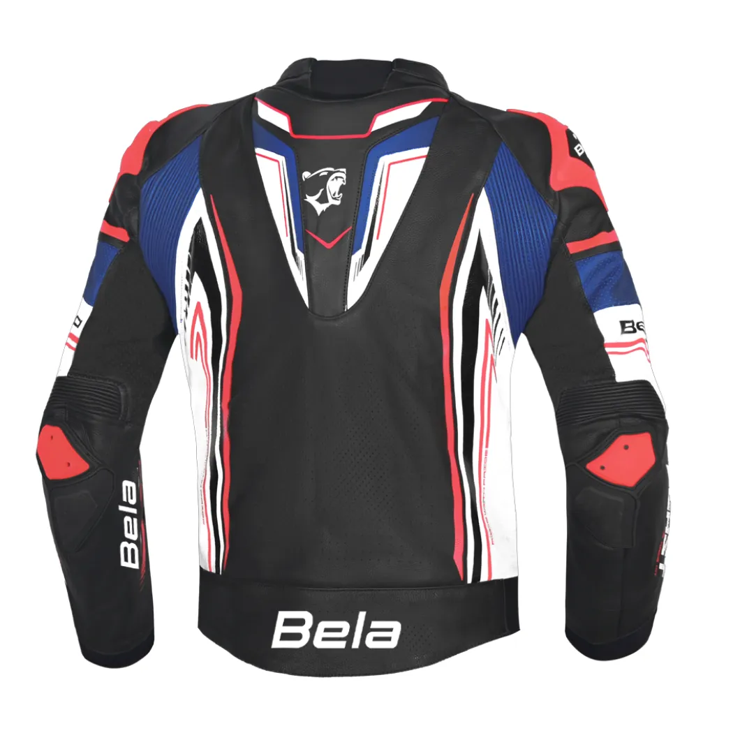 BELA BEAST MEN'S LEATHER JACKET BLACK WHITE BLUE RED