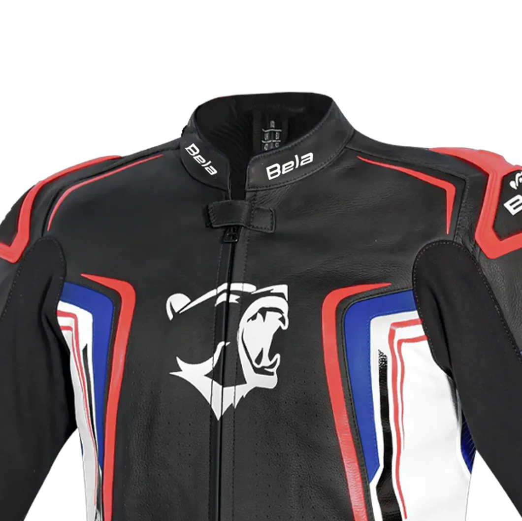 BELA BEAST MEN'S LEATHER JACKET BLACK WHITE BLUE RED
