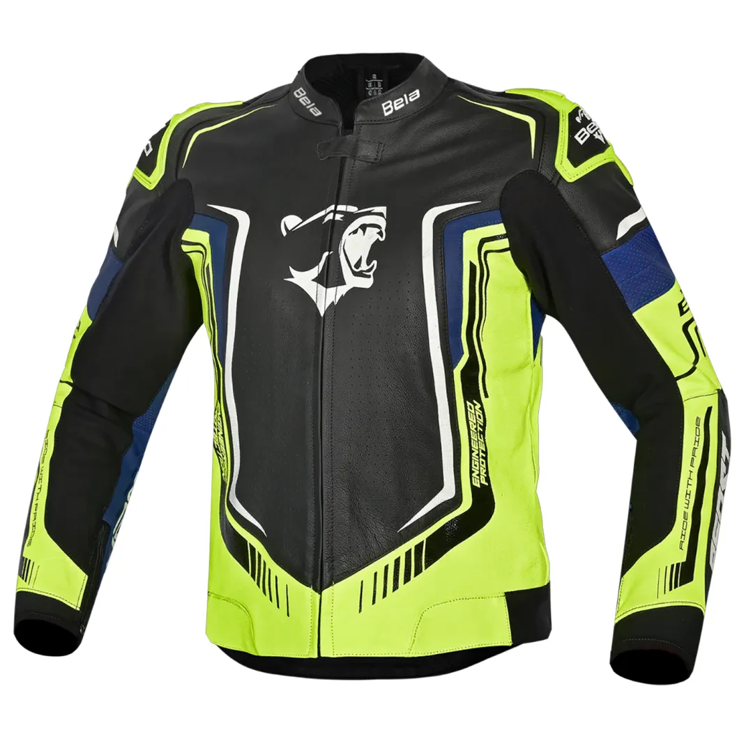 BELA BEAST MEN'S LEATHER JACKET BLACK WHITE YELLOW BLUE