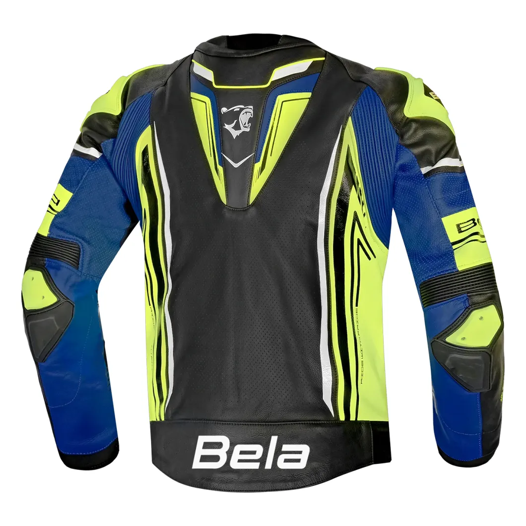 BELA BEAST MEN'S LEATHER JACKET BLACK WHITE YELLOW BLUE