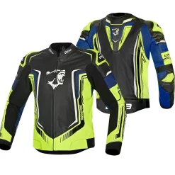BELA BEAST MEN'S LEATHER JACKET BLACK WHITE YELLOW BLUE