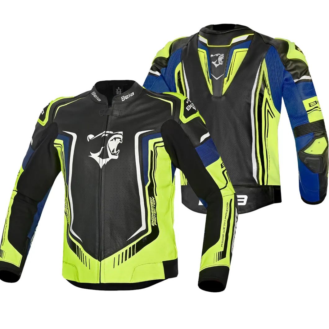 BELA BEAST MEN'S LEATHER JACKET BLACK WHITE YELLOW BLUE