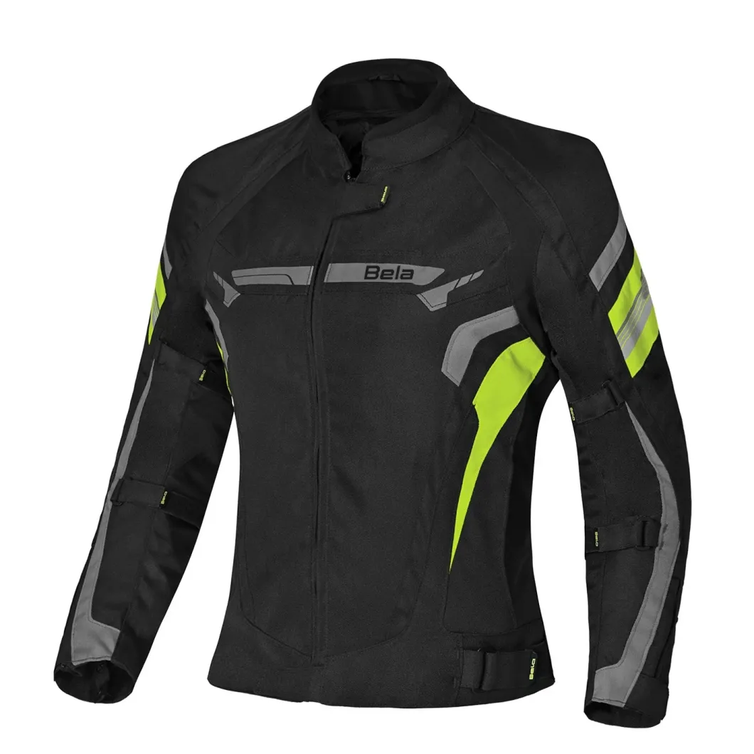BELA HIGHLAND WOMEN'S MOTORCYCLE JACKET BLACK GREY AND YELLOW FABRIC
