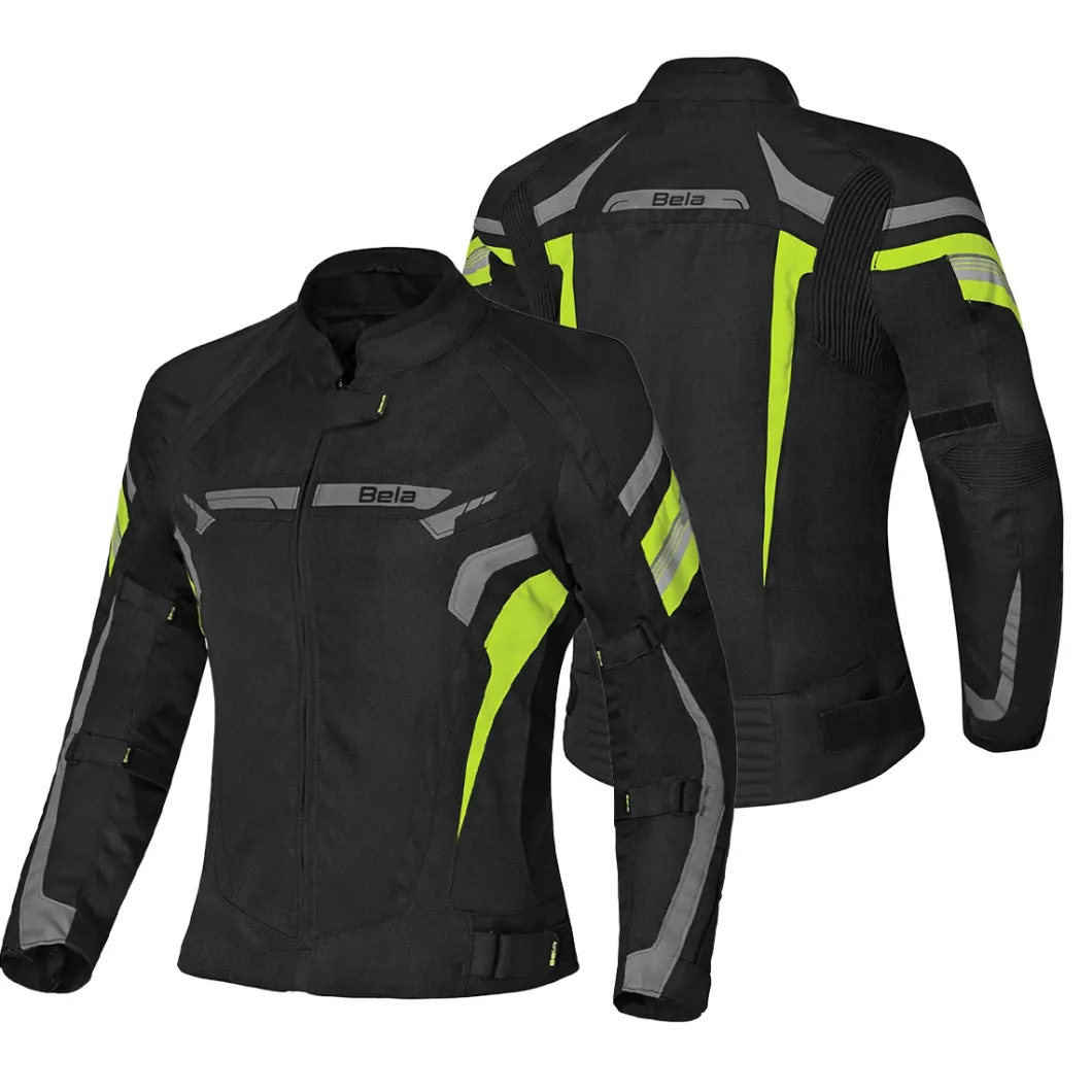 BELA HIGHLAND WOMEN'S MOTORCYCLE JACKET BLACK GREY AND YELLOW FABRIC