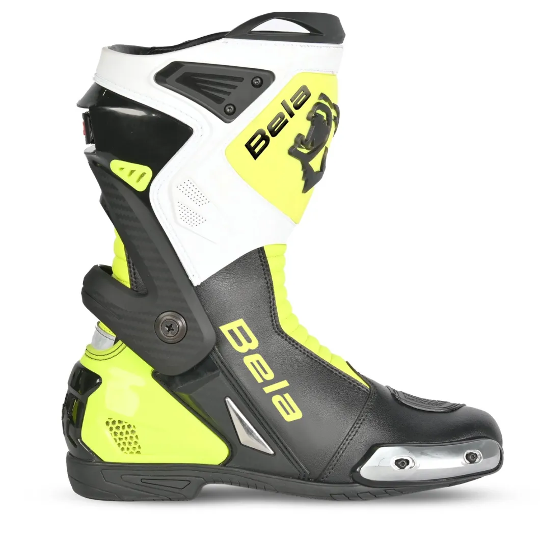 Bela Turbo Track Racing Motorcycle Boots - Black White Fluorescent Yellow
