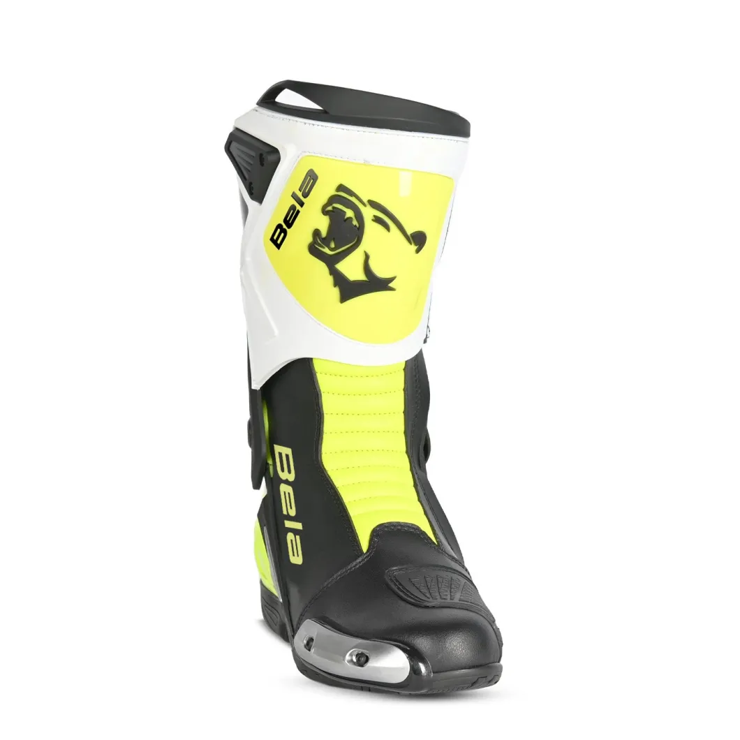 Bela Turbo Track Racing Motorcycle Boots - Black White Fluorescent Yellow
