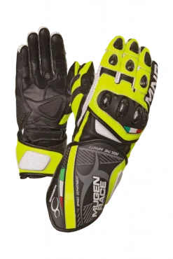 MUGENRACE NEPTUN Sporty Motorcycle Leather Gloves Black Fluorescent Yellow