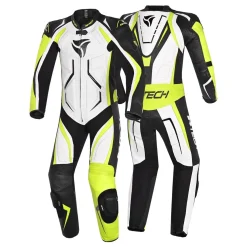 R-TECH DEFENDER GP 1 PC TUTA DI MOTO UOMO BIANCO NERO GIALLO FLUO