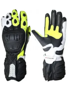 R-Tech Hawks Leather Motorcycle Racing Gloves Black/White/Fluorescent