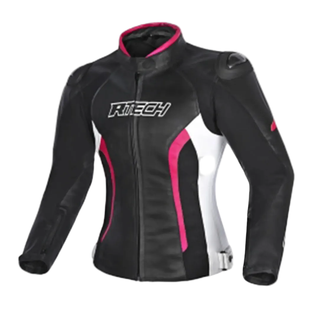 R-TECH - Tom Rider Women's Leather Jacket Black/White/Fusch
