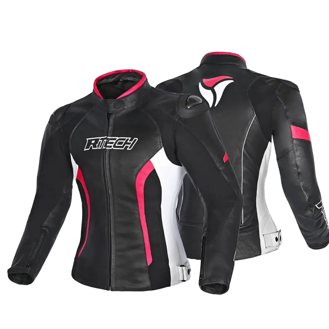 R-TECH - Tom Rider Women's Leather Jacket Black/White/Fusch