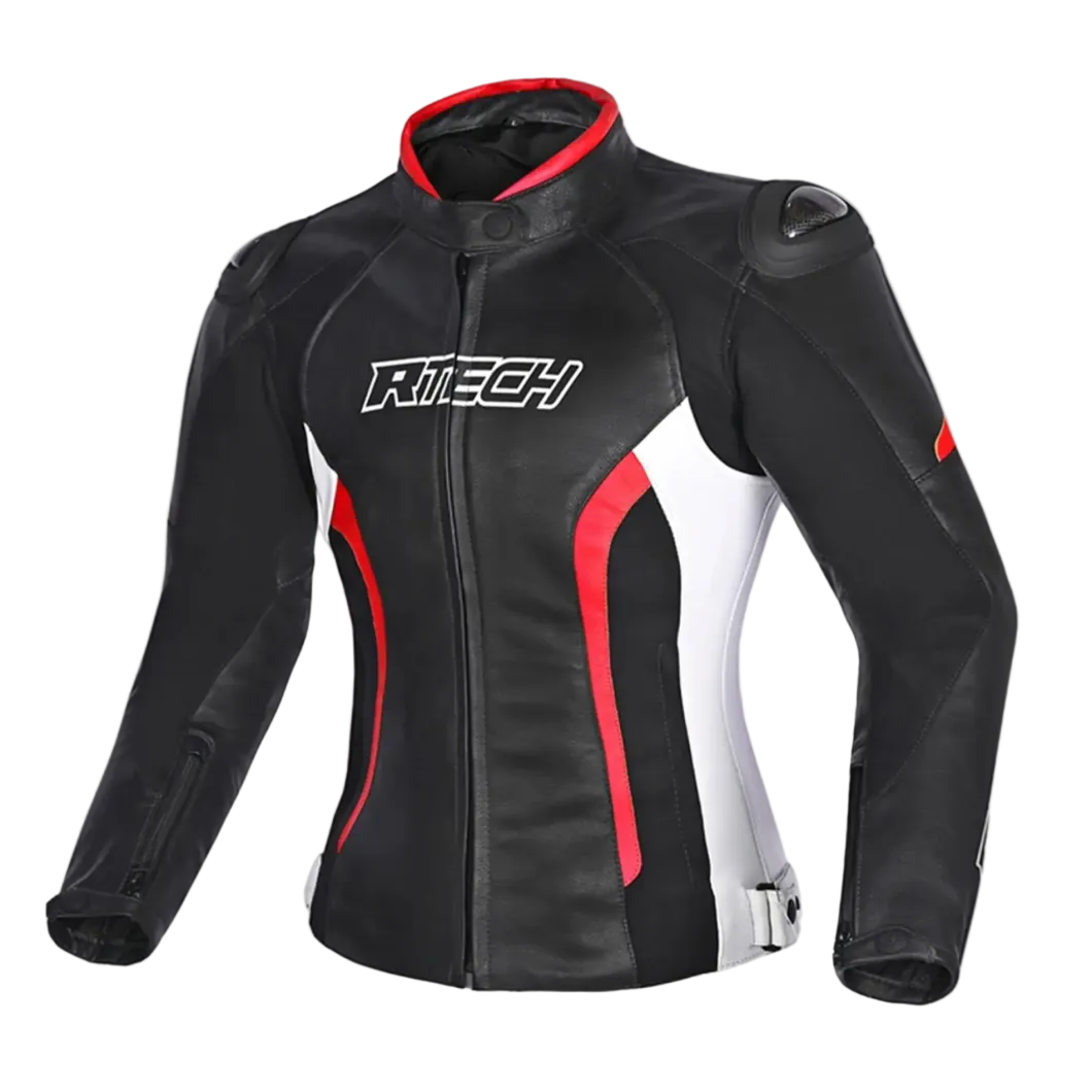 R-TECH - Tom Rider Women's Leather Jacket Black/White/Red