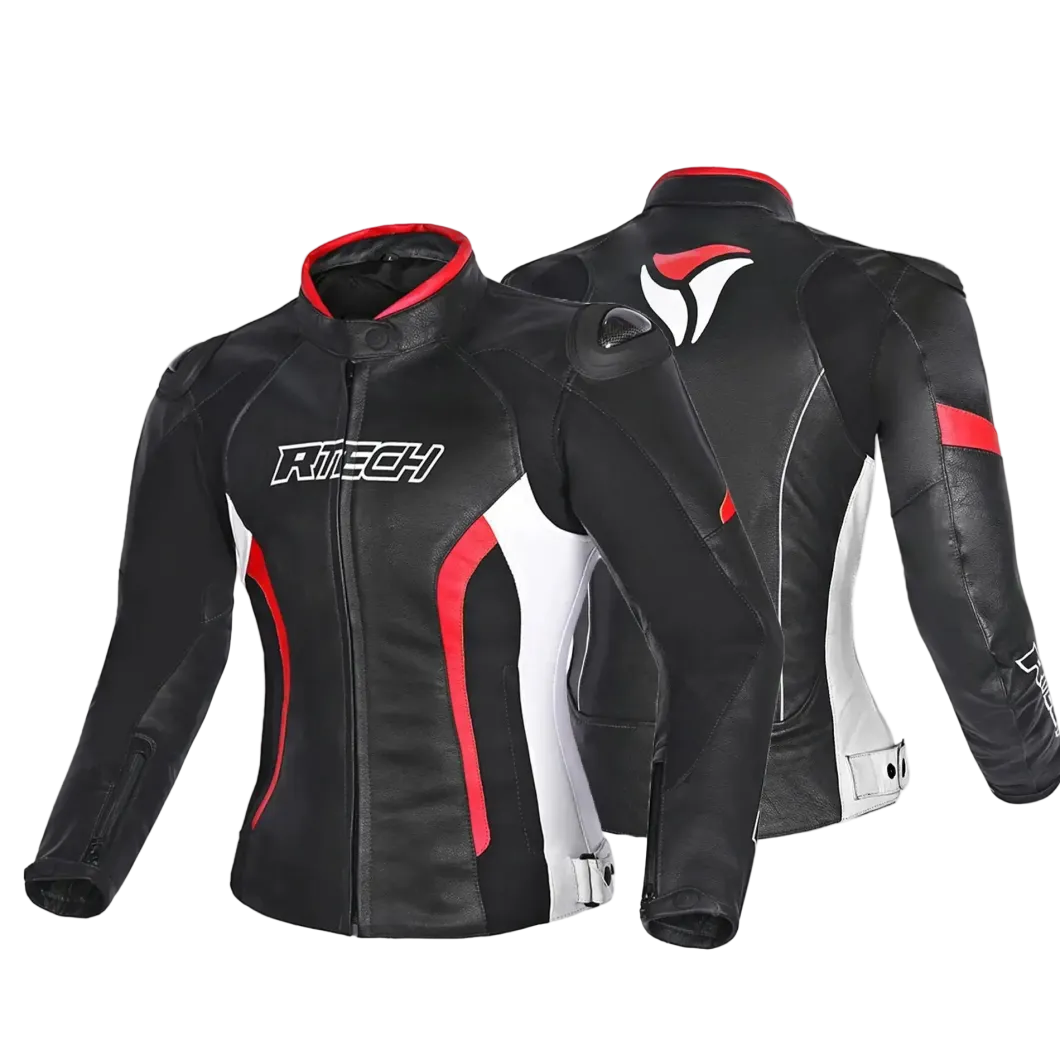 R-TECH - Tom Rider Women's Leather Jacket Black/White/Red